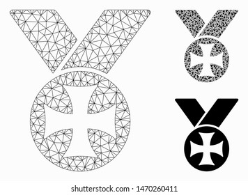 Mesh Maltese medal model with triangle mosaic icon. Wire frame polygonal mesh of Maltese medal. Vector collage of triangle parts in various sizes, and color tones. Abstract flat mesh Maltese medal,