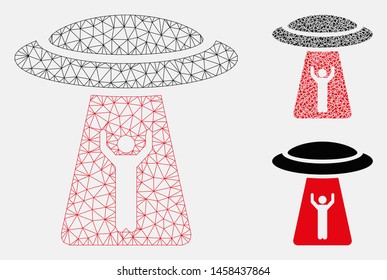 Mesh man abduction UFO model with triangle mosaic icon. Wire carcass triangular mesh of man abduction UFO. Vector mosaic of triangle elements in variable sizes, and color tints.