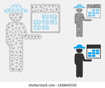 Mesh man calendar model with triangle mosaic icon. Wire carcass triangular mesh of man calendar. Vector mosaic of triangles in different sizes, and color tints. Abstract flat mesh man calendar,
