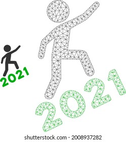 Mesh man climbing 2021 model icon. Wire carcass triangular mesh of vector man climbing 2021 isolated on a white background. Abstract 2d mesh designed with triangular lines and circle nodes.