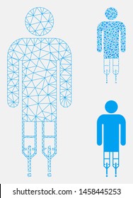 Mesh man crutches model with triangle mosaic icon. Wire carcass polygonal mesh of man crutches. Vector mosaic of triangles in variable sizes, and color tinges. Abstract flat mesh man crutches,