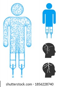 Mesh man crutches polygonal web icon vector illustration. Carcass model is based on man crutches flat icon. Triangular mesh forms abstract man crutches flat carcass.