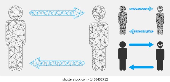 Mesh man exchange alien model with triangle mosaic icon. Wire frame polygonal network of man exchange alien. Vector mosaic of triangle elements in various sizes, and color shades.