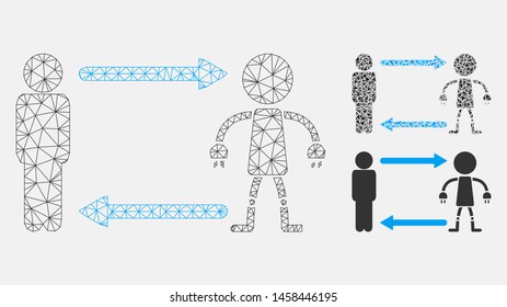 Mesh man exchange robot model with triangle mosaic icon. Wire carcass triangular mesh of man exchange robot. Vector mosaic of triangles in various sizes, and color tones.