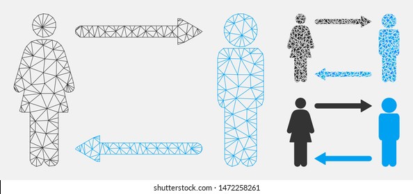 Mesh man exchange woman model with triangle mosaic icon. Wire frame triangular mesh of man exchange woman. Vector collage of triangles in variable sizes, and color tints.