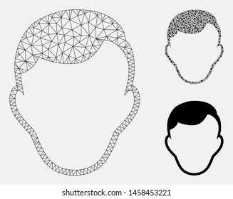 Mesh man face template model with triangle mosaic icon. Wire carcass polygonal mesh of man face template. Vector composition of triangle parts in different sizes, and color hues.
