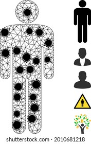 Ilustración vectorial de ícono poligonal de la figura del hombre de malla, con elementos infecciosos negros. El modelo de canal se basa en el icono plano de figura humana, con elementos infecciosos y red poligonal.