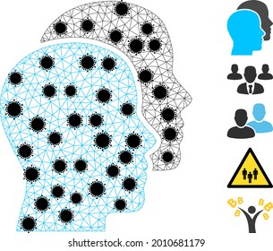 El hombre de malla encabeza la ilustración vectorial de icono poligonal, con elementos de virus negros. El modelo de canal se crea a partir de un icono plano de cabezas de hombre, con nodos de virus y malla poligonal.