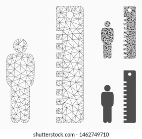 Mesh man height model with triangle mosaic icon. Wire frame triangular mesh of man height. Vector mosaic of triangle elements in variable sizes, and color tints. Abstract 2d mesh man height,