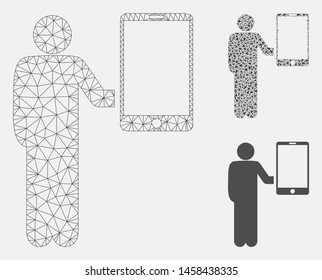 Mesh man holds smartphone model with triangle mosaic icon. Wire carcass polygonal mesh of man holds smartphone. Vector mosaic of triangle elements in different sizes, and color tinges.