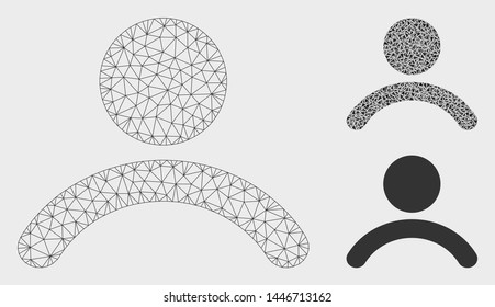 Mesh man model with triangle mosaic icon. Wire carcass triangular mesh of man. Vector mosaic of triangle elements in variable sizes, and color tones. Abstract flat mesh man,