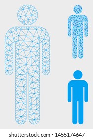 Mesh man model with triangle mosaic icon. Wire carcass triangular mesh of man. Vector mosaic of triangle parts in various sizes, and color hues. Abstract flat mesh man, built from triangular grid.
