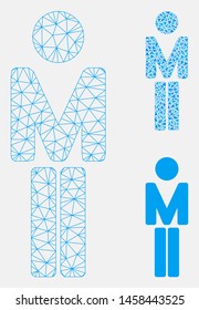 Mesh man model with triangle mosaic icon. Wire frame polygonal mesh of man. Vector mosaic of triangle parts in various sizes, and color tinges. Abstract flat mesh man, designed with polygonal grid.