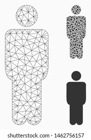 Mesh man model with triangle mosaic icon. Wire frame polygonal mesh of man. Vector mosaic of triangles in different sizes, and color tones. Abstract 2d mesh man, created from triangles.