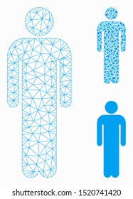 Mesh man model with triangle mosaic icon. Wire frame triangular mesh of man. Vector mosaic of triangle elements in different sizes, and color shades. Abstract flat mesh man,