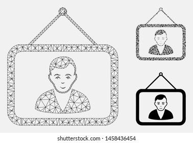 Mesh man portrait model with triangle mosaic icon. Wire carcass polygonal mesh of man portrait. Vector mosaic of triangle elements in different sizes, and color tones. Abstract flat mesh man portrait,