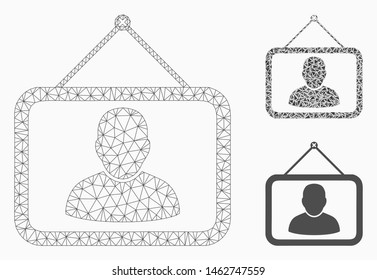 Mesh man portrait model with triangle mosaic icon. Wire frame triangular mesh of man portrait. Vector mosaic of triangle parts in various sizes, and color hues. Abstract flat mesh man portrait,