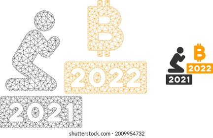 Mesh man pray bitcoin 2022 model icon. Wire frame triangular mesh of vector man pray bitcoin 2022 isolated on a white background. Abstract 2d mesh designed with triangular lines and small circle.