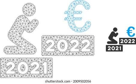 Mesh man pray euro 2022 model icon. Wire frame triangular mesh of vector man pray euro 2022 isolated on a white background. Abstract 2d mesh designed with triangular lines and points.