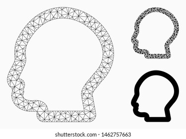 Mesh man profile model with triangle mosaic icon. Wire carcass triangular mesh of man profile. Vector composition of triangle parts in variable sizes, and color tinges. Abstract flat mesh man profile,