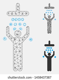 Mesh man under shower model with triangle mosaic icon. Wire frame polygonal mesh of man under shower. Vector mosaic of triangle elements in variable sizes, and color tints.