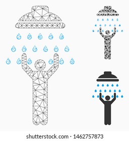 Mesh man under shower model with triangle mosaic icon. Wire frame polygonal mesh of man under shower. Vector mosaic of triangle parts in various sizes, and color shades.