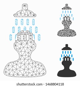 Mesh man under shower model with triangle mosaic icon. Wire carcass triangular mesh of man under shower. Vector mosaic of triangle parts in variable sizes, and color hues.
