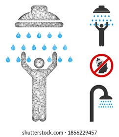 Mesh man under shower polygonal web icon vector illustration. Carcass model is based on man under shower flat icon. Triangle network forms abstract man under shower flat carcass.