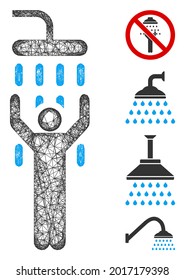 Mesh man under shower web icon vector illustration. Abstraction is based on man under shower flat icon. Network forms abstract man under shower flat carcass.