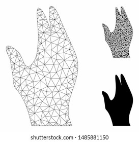 Mesh manage hand model with triangle mosaic icon. Wire frame polygonal mesh of manage hand. Vector mosaic of triangle parts in variable sizes, and color shades. Abstract flat mesh manage hand,