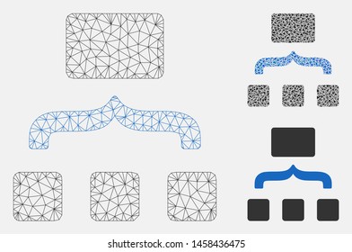 Mesh management model with triangle mosaic icon. Wire carcass triangular mesh of management. Vector mosaic of triangle parts in different sizes, and color tints. Abstract 2d mesh management,
