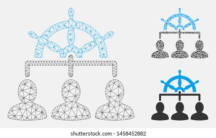 Mesh management steering wheel model with triangle mosaic icon. Wire frame triangular mesh of management steering wheel. Vector collage of triangles in variable sizes, and color tones.