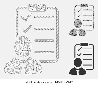 Mesh manager check list model with triangle mosaic icon. Wire carcass triangular mesh of manager check list. Vector mosaic of triangles in different sizes, and color tints.