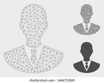 Mesh manager model with triangle mosaic icon. Wire frame triangular mesh of manager. Vector mosaic of triangle elements in various sizes, and color tints. Abstract 2d mesh manager,