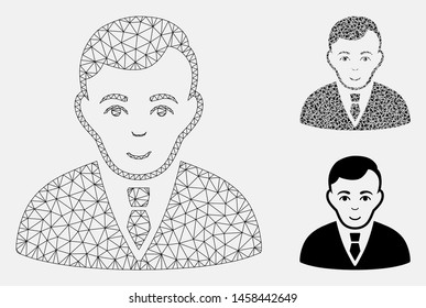 Mesh manager model with triangle mosaic icon. Wire carcass polygonal mesh of manager. Vector mosaic of triangle elements in variable sizes, and color tints. Abstract 2d mesh manager,