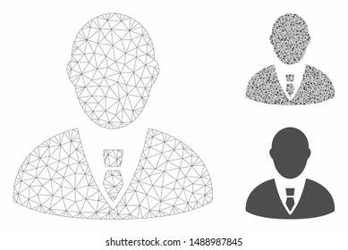 Mesh manager model with triangle mosaic icon. Wire carcass triangular network of manager. Vector mosaic of triangles in different sizes, and color tints. Abstract flat mesh manager,