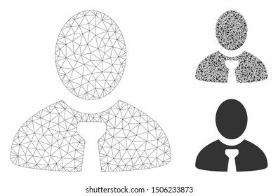 Mesh manager model with triangle mosaic icon. Wire frame polygonal mesh of manager. Vector mosaic of triangle parts in variable sizes, and color tinges. Abstract 2d mesh manager,