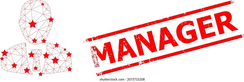 Mesh manager polygonal icon vector illustration, and red MANAGER rough rubber print. Carcass model is created from manager flat icon, with stars and polygonal mesh.