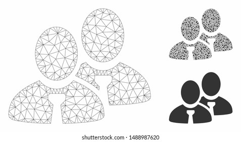 Mesh managers model with triangle mosaic icon. Wire frame polygonal mesh of managers. Vector mosaic of triangle elements in various sizes, and color tinges. Abstract 2d mesh managers,