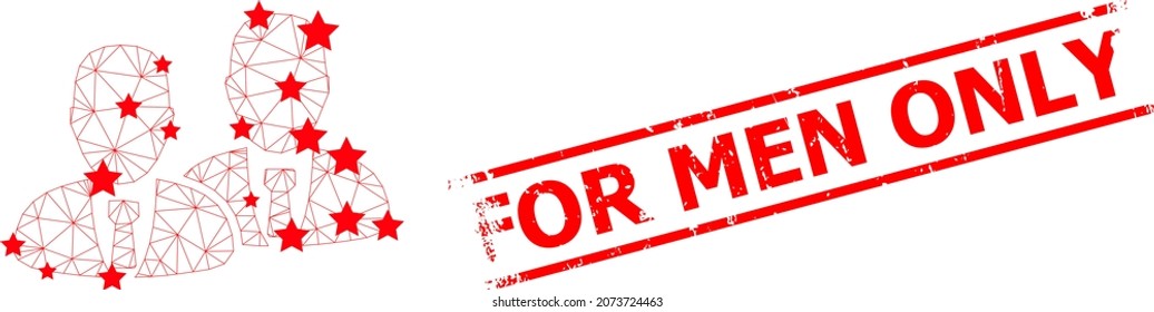 Mesh managers polygonal icon vector illustration, and red FOR MEN ONLY textured watermark. Carcass model is based on managers flat icon, with stars and polygonal mesh.