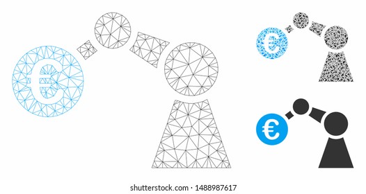 Mesh manipulator model with triangle mosaic icon. Wire frame triangular mesh of manipulator. Vector mosaic of triangles in various sizes, and color hues. Abstract 2d mesh manipulator,