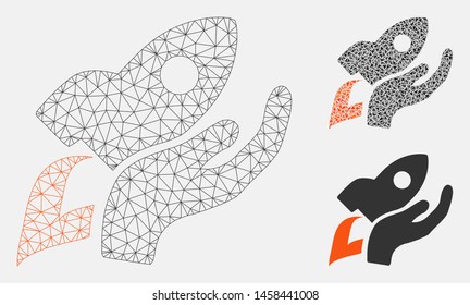 Mesh manual rocket launch model with triangle mosaic icon. Wire frame triangular mesh of manual rocket launch. Vector mosaic of triangle elements in variable sizes, and color tints.