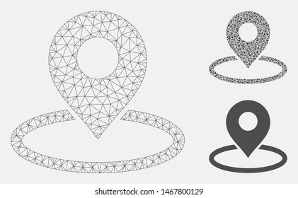 Mesh map marker location model with triangle mosaic icon. Wire carcass polygonal mesh of map marker location. Vector mosaic of triangle parts in different sizes, and color shades.