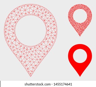Mesh map marker model with triangle mosaic icon. Wire carcass triangular mesh of map marker. Vector composition of triangle parts in variable sizes, and color hues. Abstract 2d mesh map marker,
