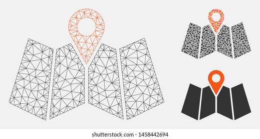 Mesh map marker model with triangle mosaic icon. Wire frame triangular mesh of map marker. Vector mosaic of triangle parts in various sizes, and color shades. Abstract 2d mesh map marker,
