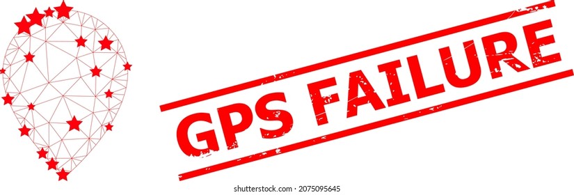 Mesh map marker polygonal symbol vector illustration, and red GPS FAILURE dirty badge. Model is based on map marker flat icon, with stars and polygonal mesh.