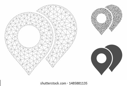 Mesh map markers model with triangle mosaic icon. Wire carcass triangular mesh of map markers. Vector mosaic of triangle parts in different sizes, and color shades. Abstract 2d mesh map markers,