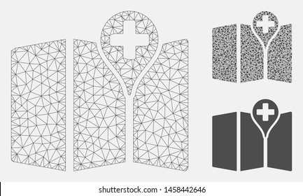 Mesh map model with triangle mosaic icon. Wire carcass triangular mesh of map. Vector mosaic of triangle parts in different sizes, and color hues. Abstract 2d mesh map, built from triangular grid.