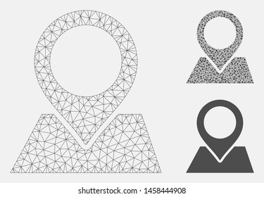 Mesh map pointer model with triangle mosaic icon. Wire carcass polygonal network of map pointer. Vector mosaic of triangle parts in variable sizes, and color shades. Abstract 2d mesh map pointer,