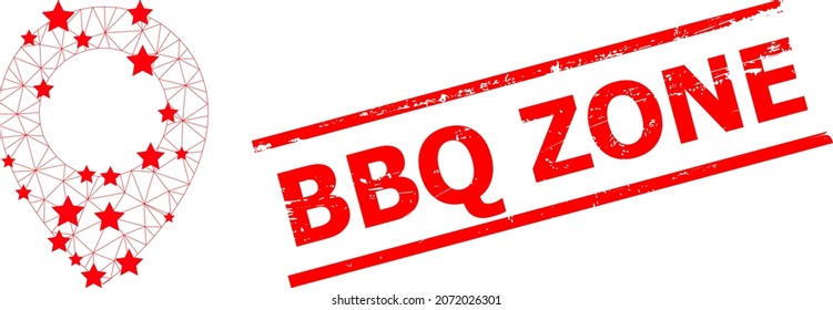 Mesh map pointer polygonal 2d vector illustration, and red BBQ ZONE unclean seal. Model is based on map pointer flat icon, with stars and triangle mesh. BBQ ZONE phrase is between parallel lines.